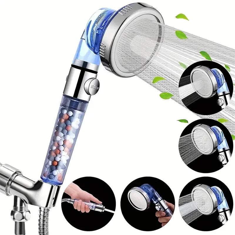 3-Mode Negative Ion Booster Filter Shower Head One-Button Water Stop Handheld Water-Saving Bathroom Accessories Set